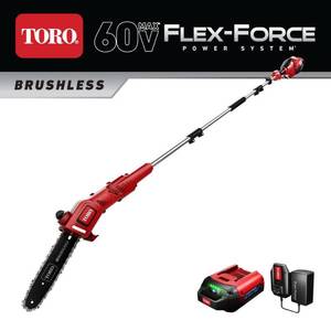 lot 59331 image: Toro 114669 10 in. 60V Cordless Pole Saw Battery & Charger - Retail $165.88