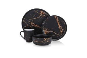 lot 59207 image: Stone Lain Modern Splash Exquisite Fine China Dinnerware Set, 32 Piece - Service for 8, Black & Gold - Retail $214.46