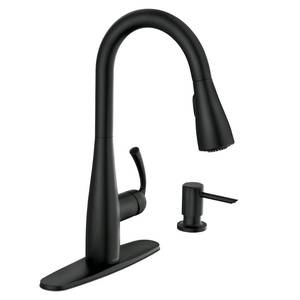 lot 59216 image: Moen Essie Matte Black Pull-Down Sprayer Kitchen Faucet with Soap Dispenser, Reflex and Power Clean Technology, 87014BL - Retail $187.3