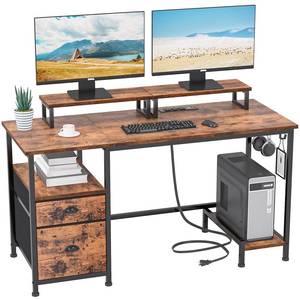 lot 59218 image: Furologee Computer Desk with Drawer and Power Outlets, 47 Office Desk with 2 Monitor Stands and Fabric File Cabinet, Writing Gaming Table with Shelves and 2 Hooks for Home Office, Rustic Brown - Retail $111.12
