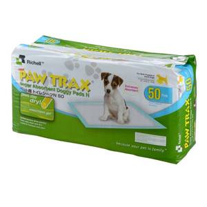 lot 59219 image: Paw Trax Super Absorbent Training Pads, 50 Pack  Richell Paw Trax Doggy Potty Pads Puppy potty pads for training, absorbent, odor control four-layer quilted pad rectangle potty pads 17.7 x 23.6