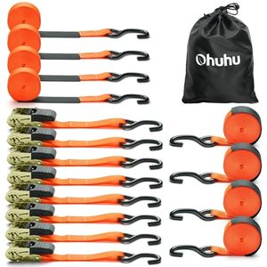 lot 59239 image: Ratchet Tie Down Strap 8-Pack 15 Ft - 500 lbs Load Cap with 1500 lbs Breaking Limit, Ohuhu Ratchet Tie Downs Logistic Cargo Straps for Moving Appliances, Motorcycle, Orange
