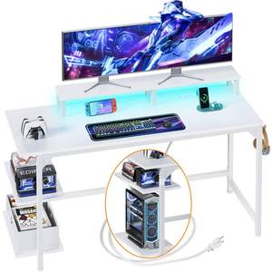 lot 59242 image: Furologee White Desk with Power Outlets and LED Lights, 47 Office Gaming Desk with Shelves and Fabric Drawer, Reversible Study Table with Monitor Stand and Hooks - Retail $86.9