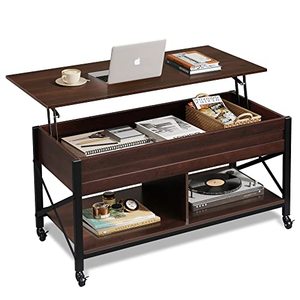 lot 59243 image: WLIVE Lift Top Coffee Table for Living Room, Coffee Table with Storage, Hidden Compartment and Metal Frame, Central Table with 4 Casters for Reception Room, Espresso - Retail $96.94