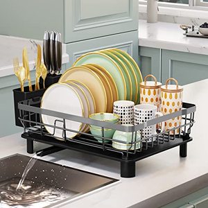 lot 59249 image: AIDERLY Iron Dish Drying Rack with Drainboard Dish Drainers for Kitchen Counter Sink Adjustable Spout Dish Strainers with Utensil Holder and Knife Slots, Grey
