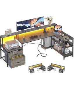lot 59291 image: ODK L Shaped Desk with File Drawer, 75 Reversible L Shaped Computer Desk with Power Outlet & LED Strip, Office Desk with Storage Shelves, Gaming Desk with Monitor Shelf, Corner Desk, Grey Oak-Retail-$239.99
