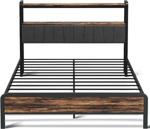 lot 59263 image: Full Size Metal Bed Frame, Storage Headboard with USB and AC Ports, Heavy Duty Upholstered Platform Bed Frame, No Box Spring Needed, Noise-Free, ZER-017F Rustic Brown