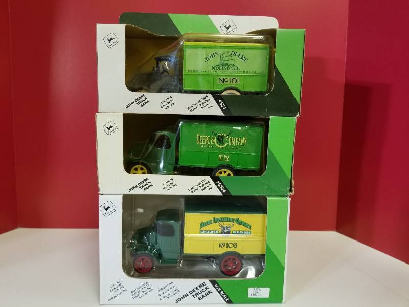 lot 5013 image: Ertl, 3 each John Deere Truck Bank, #531, 5534, 5564. 138 scale, NIB