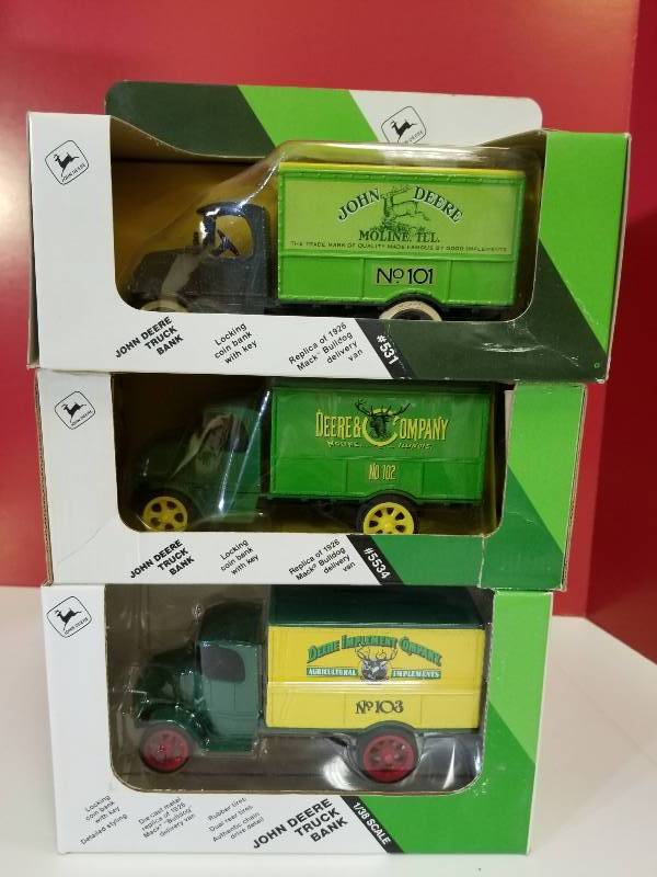 lot 5014 image: Ertl, 3 each John Deere Truck Bank, #5564, 531, 5534. 138 scale, NIB