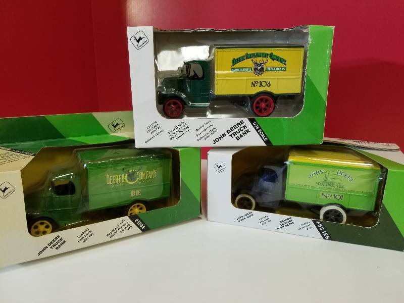 lot 5015 image: Ertl, 3 each John Deere Truck Bank, #5564, 5534, 531EB. 138 scale, NIB
