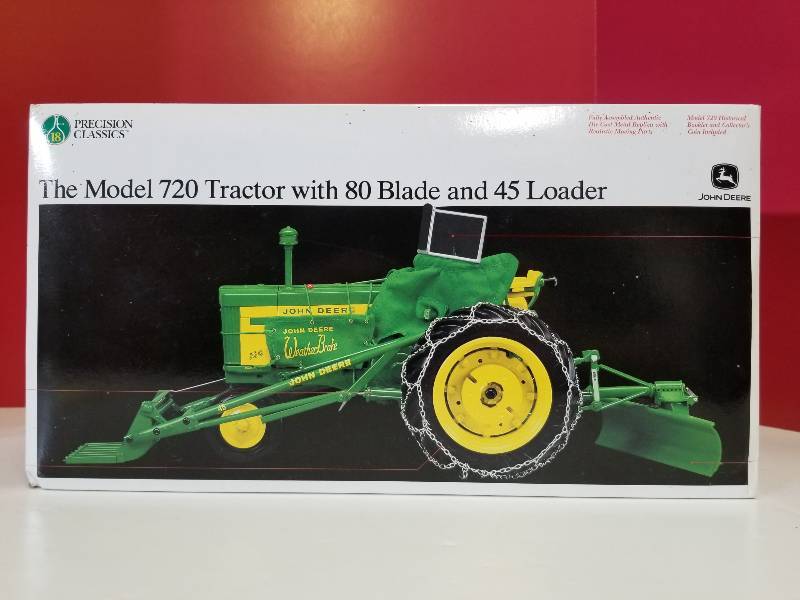 lot 5077 image: Ertl Precision Classics John Deere The Model 720 Tractor w80 Blade & 45 Loader and Tire Chains,  116 scale, #15165, NIB and sealed inside