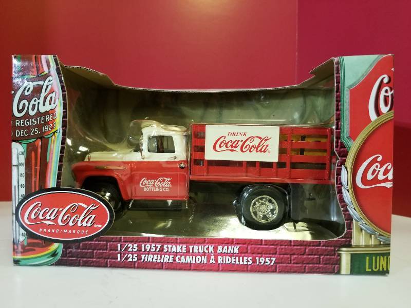 lot 5096 image: Coca-Cola 1957 Chevy Stake Truck Bank, 125 scale, #27257, NIB