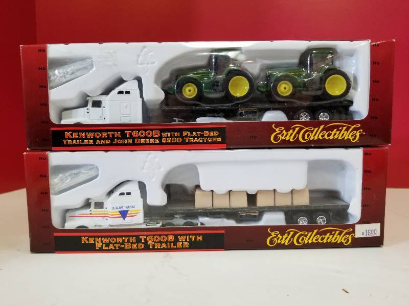 lot 5120 image: ERTL  2 each HO 187 Semi  KW T600B wFlat-Bed Trailer, JD Semi w2 Tractors, # 4265, 5459, NIB
