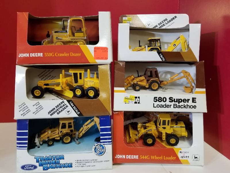 lot 5129 image: ERTL, 6 items, 3 backhoes1 Dozer1 Grder, #568,5540, 885, 202, 5539, 5521, 164 scale, NIB