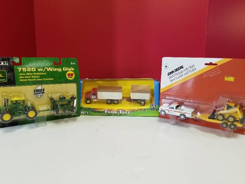 lot 5160 image: ERTL, 1 lot 3 items, Grain Truck wPup4WD Truck wSkid loader and  TrailerJD 7520 wWing Disk, # 646, 5754, 15220, 164 scale, NIB