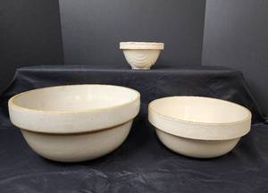 lot 100 image: (3) Vintage Crock Bowls (see pics for cracks on 1 bowl)