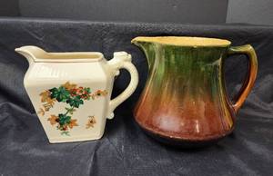 lot 121 image: Vintage Hot Oven Harker Pitcher and Vintage Glazed Pottery Pitcher