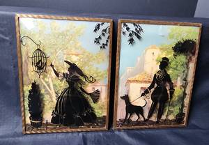 lot 139 image: Vintage Pair of Reverse Painted Convex Glass Silhouette Pictures 6x8