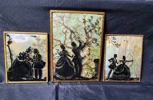 lot 140 image: (3) Vintage Reverse Painted Convex Glass Silhouette Pictures (2 - 4x5 and 1 - 6x8)
