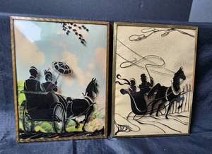 lot 141 image: (2) Vintage Reverse Painted Convex Glass Silhouette Pictures 6x8