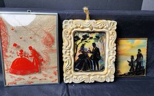 lot 142 image: (3) Vintage Reverse Painted Convex Glass Silhouette Pictures 6x8, 5x7, and 4x5