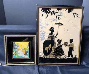 lot 143 image: Vintage Butterfly Wing Effect Hand Painting on Glass 10x13 and Vintage Framed Art 7x7