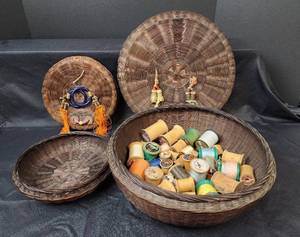 lot 144 image: (2) Vintage Sewing Baskets with Wooden Spools of Thread