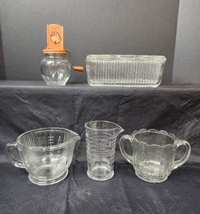 lot 145 image: Vintage Glass Kitchen Measuring Cups, Nut Chopper, Refrigerator Dish with Lid, and More