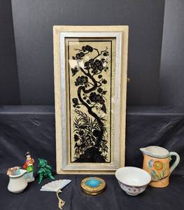 lot 146 image: Vintage Framed Asian Painting on Glass 9x18.5, Vintage Coty Powder Compact, and More
