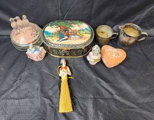 lot 150 image: Vintage Trinket Tin, Japan Figurines, Silver Decor, and More