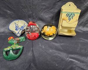 lot 151 image: (2) Blown Glass Paperweights, Vintage Match Holder, Cast Iron Rooster Hook, and More