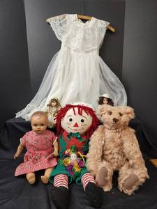 lot 157 image: Vintage Mohair Jointed Musical Teddy Bear, Raggedy Andy, Wooden Doll, and More
