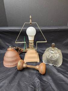 lot 182 image: Vintage Pink Glass Lamp (powers on), (2) Vintage Glass Lamp Shades, and Vintage Doorknobs