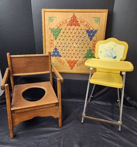 lot 191 image: Vintage Chinese Checker Gameboard, Vintage Wooden Potty Chair, and Doll Highchair