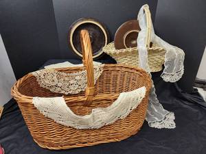 lot 199 image: Baskets, Crock Butter Churn Lid, Crock Lid, and More