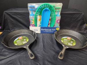 lot 247 image: (2) New Ozark Trail 10.5 Cast Iron Skillets and New BBQ Set