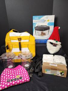lot 268 image: New Large Dog Supplies (lg dog life vest, lg diapers, crate cover, treat containers, and more)