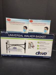 lot 282 image: NIB Universal Walker Basket and (2) New Boxes of Disposable Face Masks