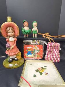 lot 293 image: Vintage Celluloid Boy and Girl Dolls, Lamp, and More