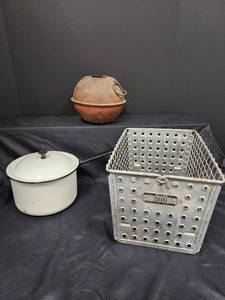lot 314 image: Enamel Pan, Metal Locker Basket, and Antique Road Flare