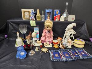 lot 339 image: 1960s Glass Swan, Precious Moments, Fisher Lead Crystal Bell, and More