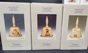 lot 350 image: Vintage Goebel Bells in Boxes - 1987 10th Edition Annual Bell in bas - relief, 1988 11th Edition Annual Bell in bas - relief, and 1989 12th Edition annual Bell in bas - relief