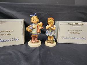 lot 357 image: Goebel Figurines - Girl with Clown Doll 1981 Special Edition #7 422 (with box) and Girl with Flower 1972 Special Edition #5 380 (with box)