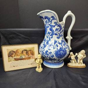 lot 398 image: Ashley Belle BlueWhite Victorian Floral Design Pitcher and Angel Decor
