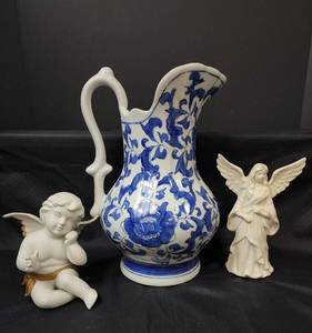 lot 399 image: Ashley Belle BlueWhite Victorian Floral Design Pitcher and Angel Decor
