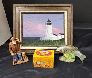 lot 537 image: Lighthouse Picture, Porcelain Man with Dog, Vintage Fish Planter, and Vintage Recipe Holder