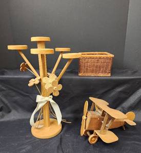 lot 555 image: Wooden Airplane, Wooden Candle Holder, and Basket