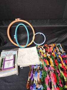 lot 565 image: Embroidery Floss, Hoops, and Pre-Stamped Embroidery Material