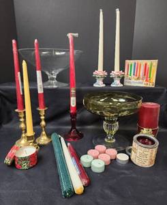 lot 574 image: (2) Glass Bowls, Candles, and Holders