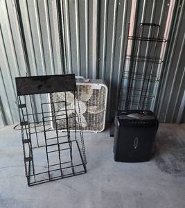 lot 771 image: (2) Magazine Racks, Box Fan, and Paper Shredder